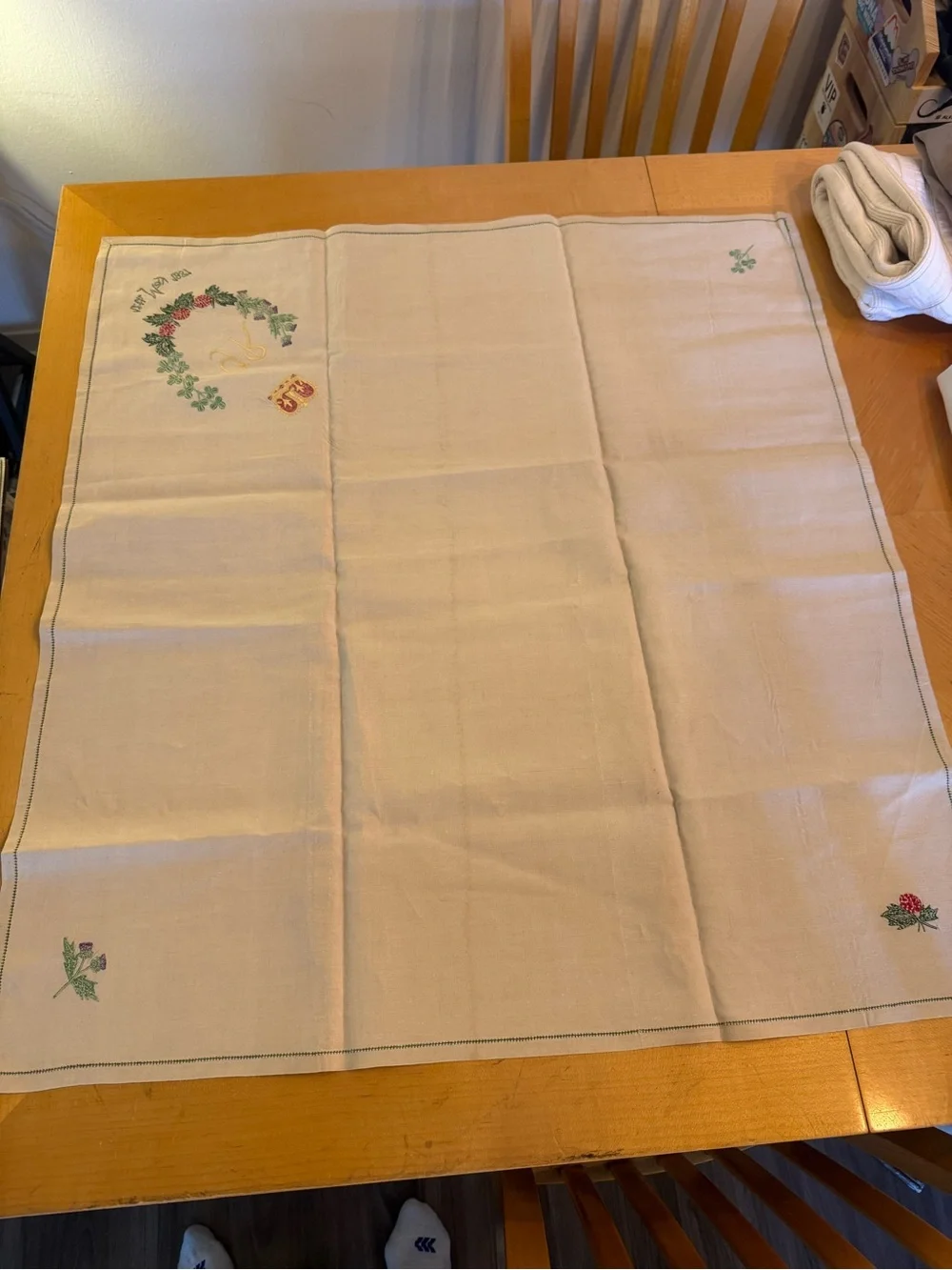 Vintage 1937 King George VI Coronation Embroidered Linen Tablecloth 35”